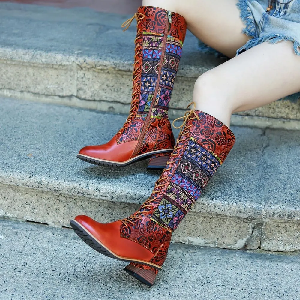 Socofy Womens Leather Knee Long Block Heels Boots, Vintage Bohemian Long Boots Handmade Flat Knee Boots Winter Snow Boots Cowgirls Wide Calf Splicing Pattern Anti Slip Walking Boots for Party Wedding