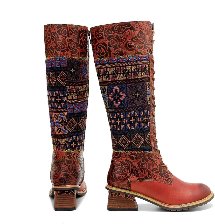 Socofy Womens Leather Knee Long Block Heels Boots, Vintage Bohemian Long Boots Handmade Flat Knee Boots Winter Snow Boots Cowgirls Wide Calf Splicing Pattern Anti Slip Walking Boots for Party Wedding