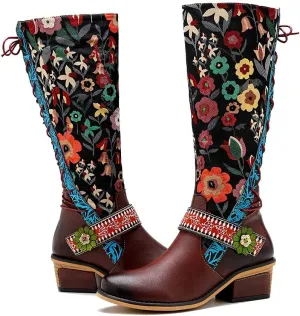 Socofy Womens Leather Knee Long Block Heels Boots, Vintage Bohemian Long Boots Handmade Flat Knee Boots Winter Snow Boots Cowgirls Wide Calf Splicing Pattern Anti Slip Walking Boots for Party Wedding