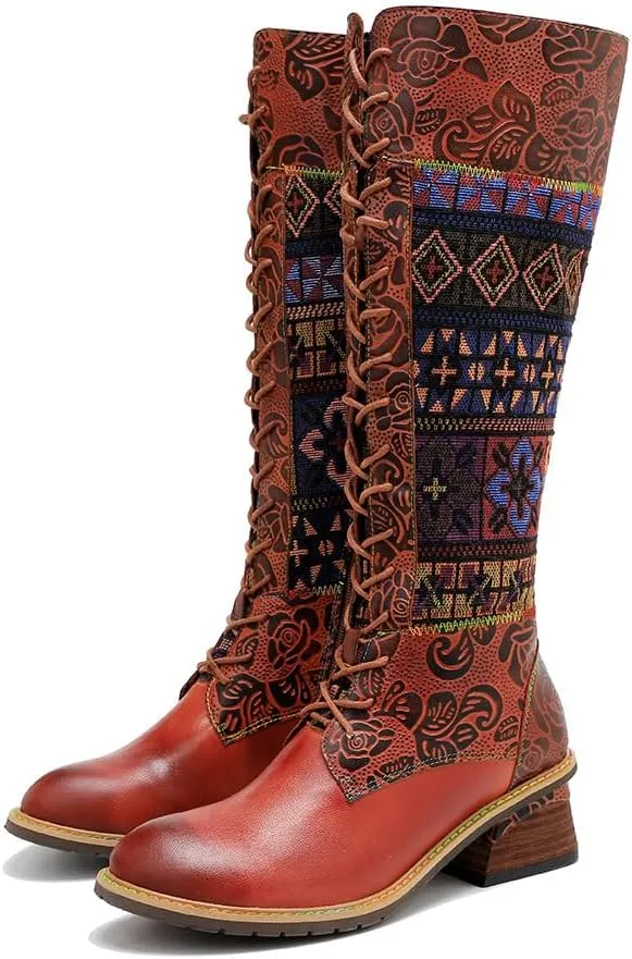 Socofy Womens Leather Knee Long Block Heels Boots, Vintage Bohemian Long Boots Handmade Flat Knee Boots Winter Snow Boots Cowgirls Wide Calf Splicing Pattern Anti Slip Walking Boots for Party Wedding