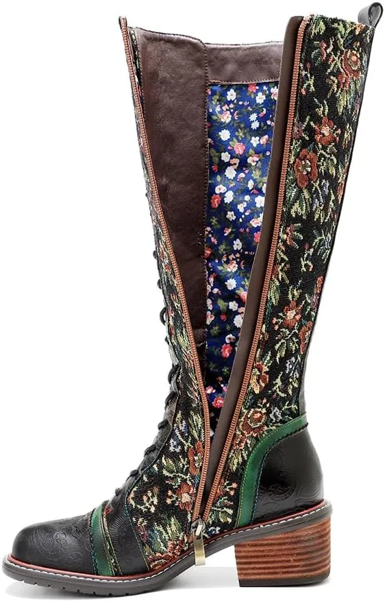 Socofy Womens Leather Knee Long Block Heels Boots, Vintage Bohemian Long Boots Handmade Flat Knee Boots Winter Snow Boots Cowgirls Wide Calf Splicing Pattern Anti Slip Walking Boots for Party Wedding