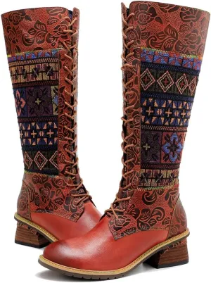 Socofy Womens Leather Knee Long Block Heels Boots, Vintage Bohemian Long Boots Handmade Flat Knee Boots Winter Snow Boots Cowgirls Wide Calf Splicing Pattern Anti Slip Walking Boots for Party Wedding