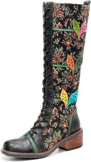 Socofy Womens Leather Knee Long Block Heels Boots, Vintage Bohemian Long Boots Handmade Flat Knee Boots Winter Snow Boots Cowgirls Wide Calf Splicing Pattern Anti Slip Walking Boots for Party Wedding