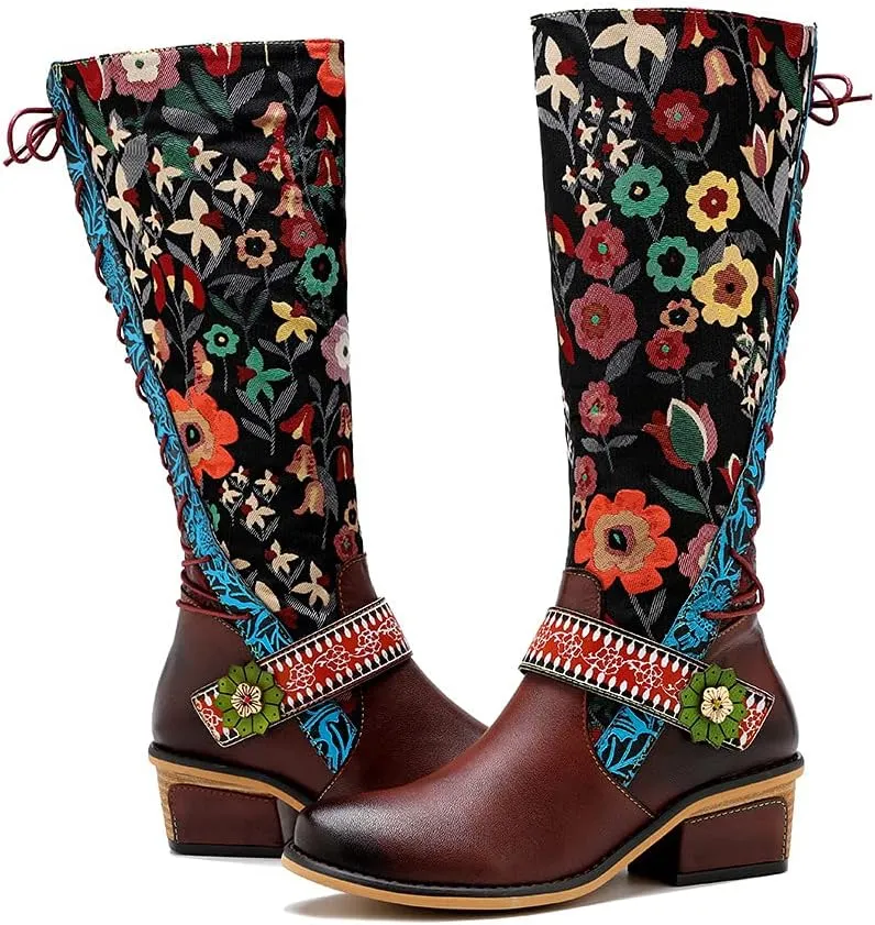 Socofy Womens Leather Knee Long Block Heels Boots, Vintage Bohemian Long Boots Handmade Flat Knee Boots Winter Snow Boots Cowgirls Wide Calf Splicing Pattern Anti Slip Walking Boots for Party Wedding