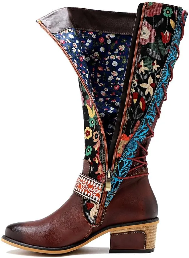 Socofy Womens Leather Knee Long Block Heels Boots, Vintage Bohemian Long Boots Handmade Flat Knee Boots Winter Snow Boots Cowgirls Wide Calf Splicing Pattern Anti Slip Walking Boots for Party Wedding