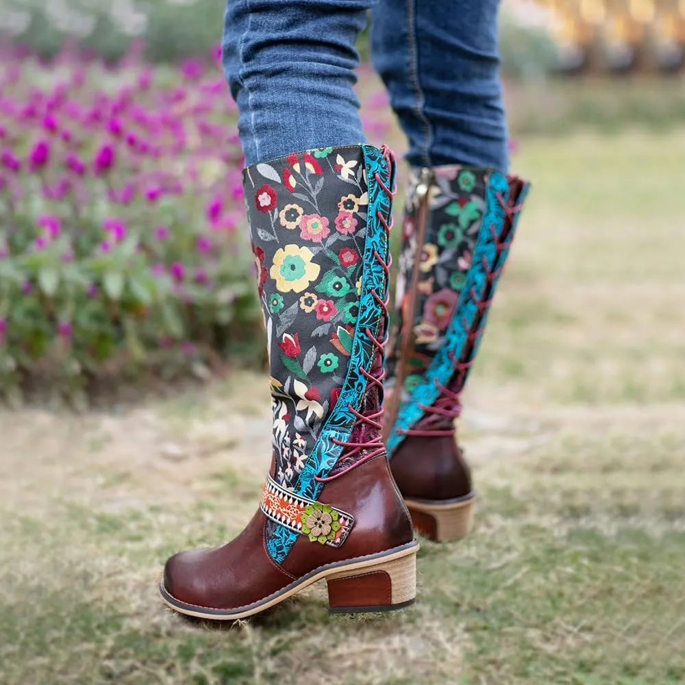 Socofy Womens Leather Knee Long Block Heels Boots, Vintage Bohemian Long Boots Handmade Flat Knee Boots Winter Snow Boots Cowgirls Wide Calf Splicing Pattern Anti Slip Walking Boots for Party Wedding