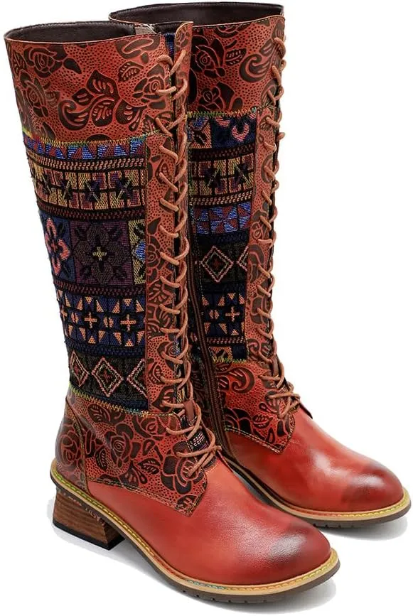 Socofy Womens Leather Knee Long Block Heels Boots, Vintage Bohemian Long Boots Handmade Flat Knee Boots Winter Snow Boots Cowgirls Wide Calf Splicing Pattern Anti Slip Walking Boots for Party Wedding