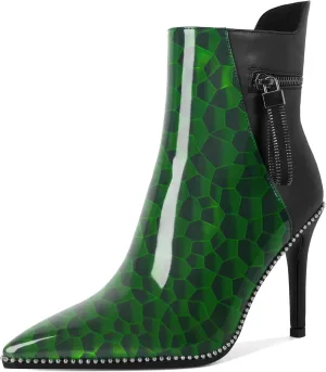 Soireelady Women Ankle Boots High Heel Boots Pointed Toe Stilettos Booties Beaded Short Boots Side Zipper 4 Inch
