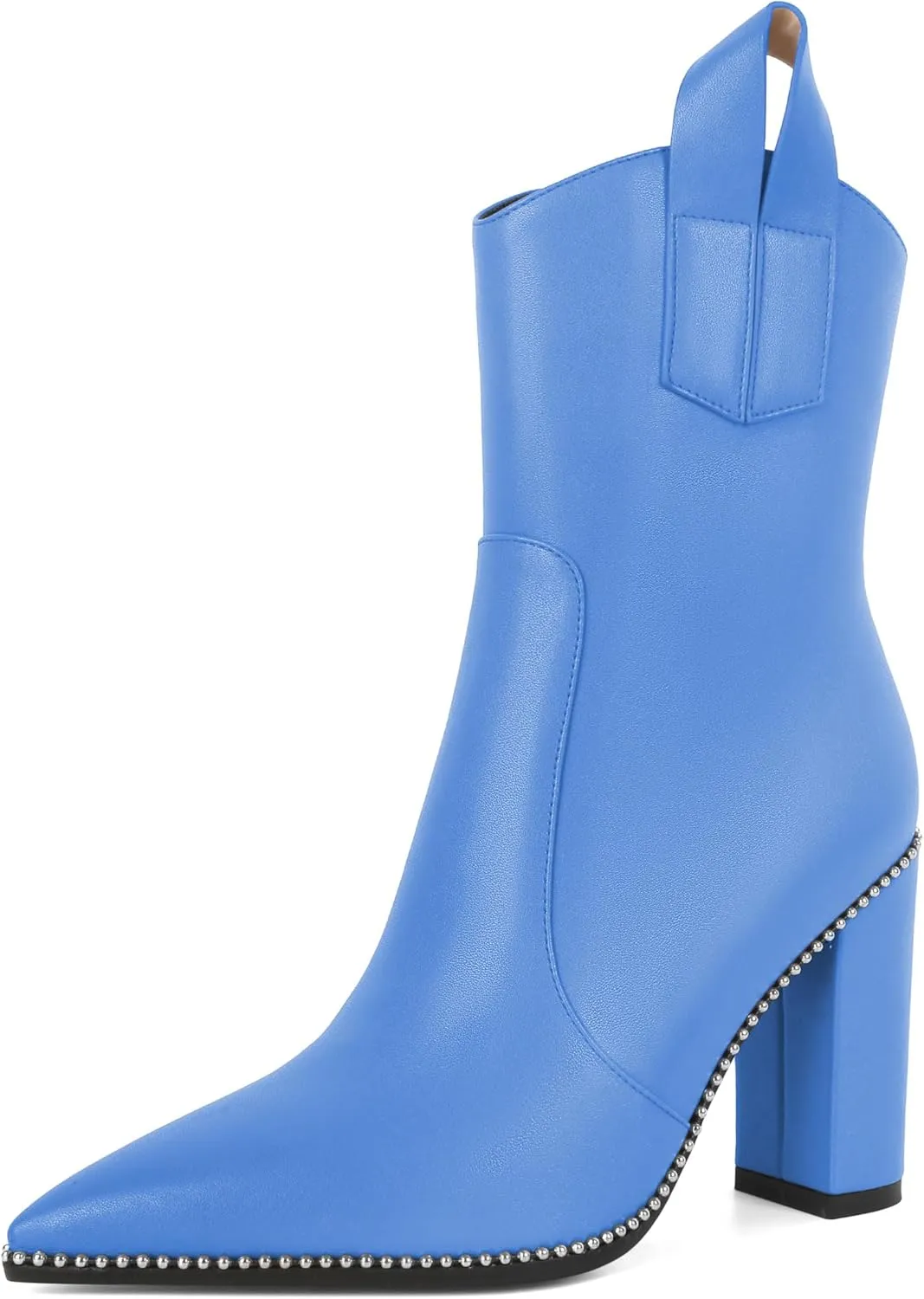 Soireelady Womens Cowboy Ankle Boots Western Booties Pointed Toe Chunky Block Heel Beaded Short Booties Side Zipper Fashion Shoes 4 Inch