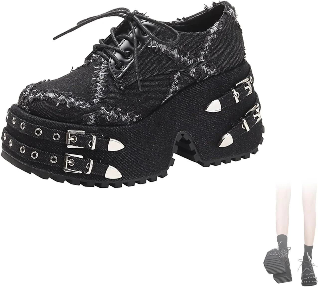 SOLPNOW Women's Denim Lace Up Chunky Y2k Sneakers Punk Low Top Platform Wedgel Heel Dad Shoes Fashion Goth Round Toe Walking Increasing Street Denim Shoes