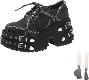 SOLPNOW Women's Denim Lace Up Chunky Y2k Sneakers Punk Low Top Platform Wedgel Heel Dad Shoes Fashion Goth Round Toe Walking Increasing Street Denim Shoes