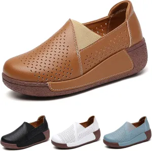 SOLPNOW Women's Leather Breathable Slip On Platform Wedge Sneakers,Non Slip Increase Height Round Toe Solid Color Rocking Shoes