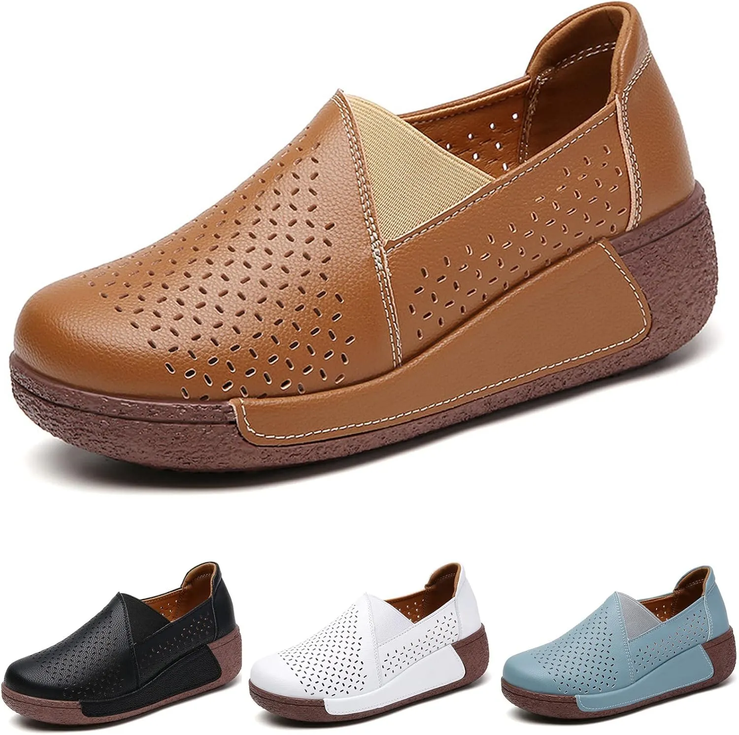 SOLPNOW Women's Leather Breathable Slip On Platform Wedge Sneakers,Non Slip Increase Height Round Toe Solid Color Rocking Shoes