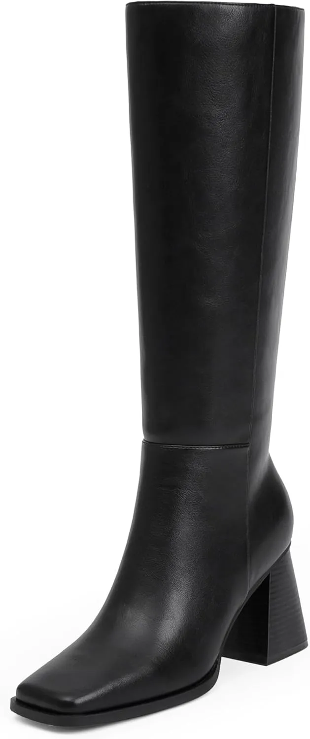 Square Toe Knee High Boots for Women - Chunky Block Heel With Side Zipper - Fall Tall Boots