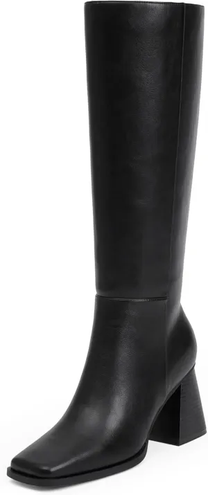 Square Toe Knee High Boots for Women - Chunky Block Heel With Side Zipper - Fall Tall Boots