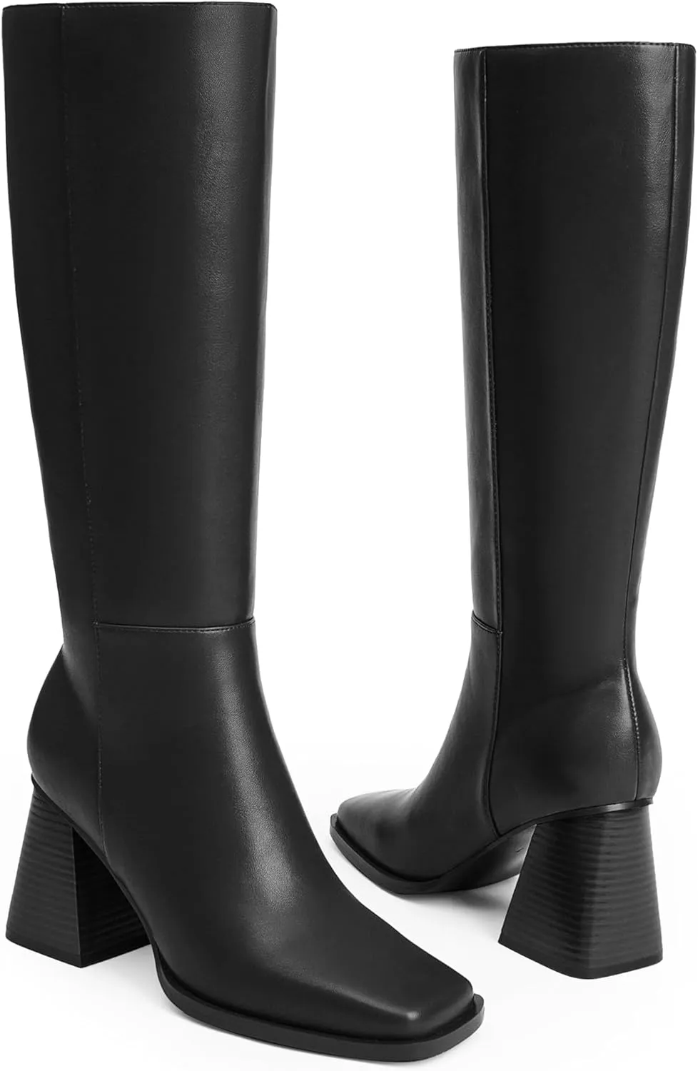 Square Toe Knee High Boots for Women - Chunky Block Heel With Side Zipper - Fall Tall Boots