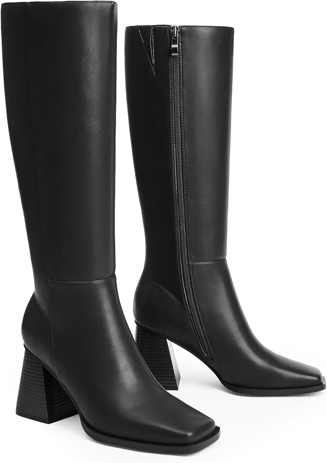 Square Toe Knee High Boots for Women - Chunky Block Heel With Side Zipper - Fall Tall Boots