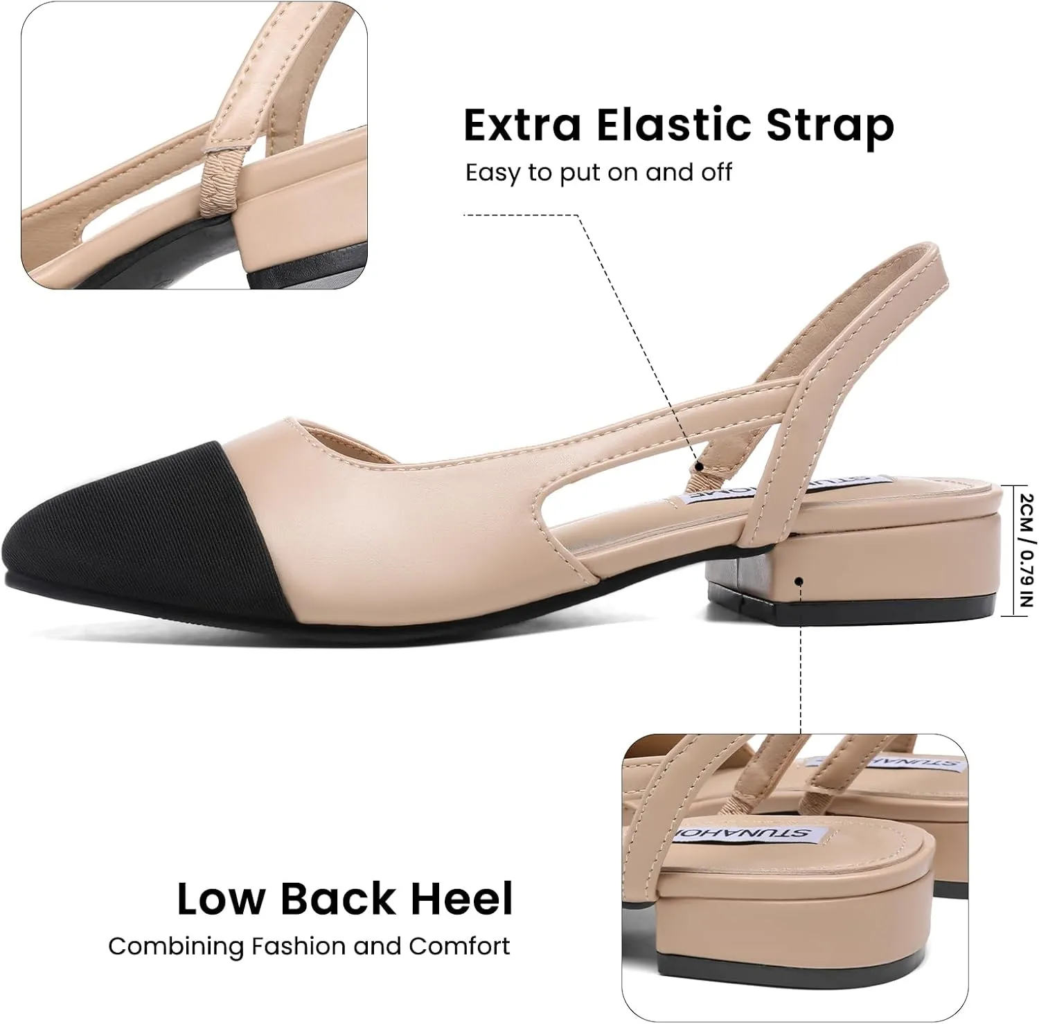 STUNAHOME Womens Slingback Flats Two Tone Closed Round Toe Casual Pumps for Office or Fashion