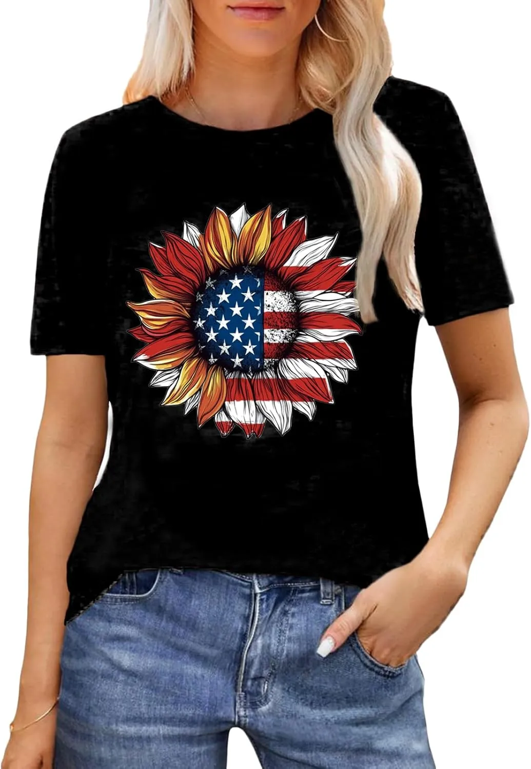 Sunflower T Shirts for Women | Women Sunflower Patriotic T Shirts - Crew Neck Short Sleeve Top Clothes Casual Holiday Wear