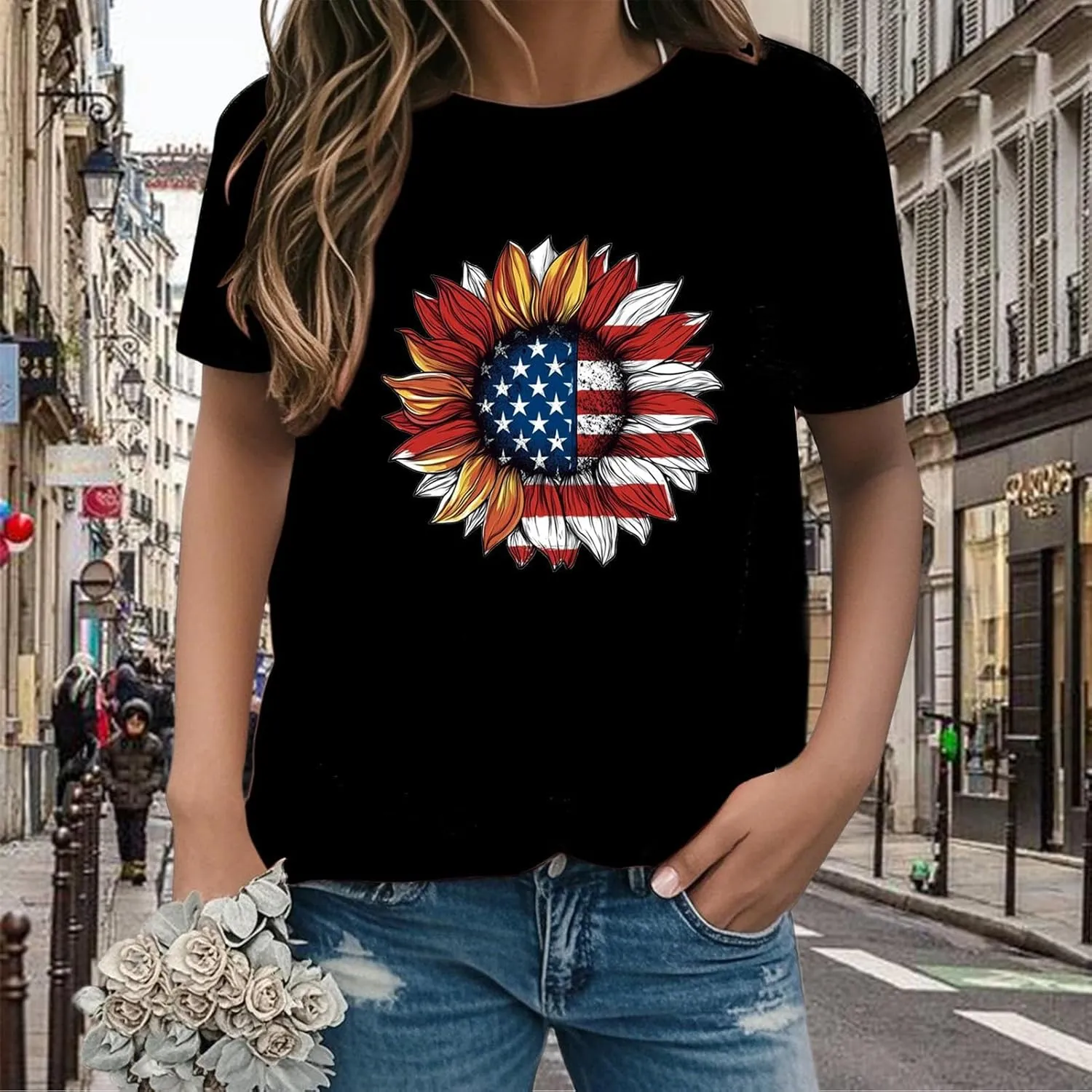 Sunflower T Shirts for Women | Women Sunflower Patriotic T Shirts - Crew Neck Short Sleeve Top Clothes Casual Holiday Wear