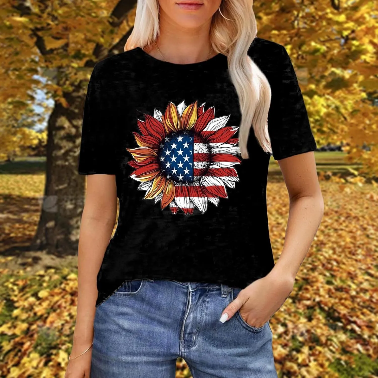 Sunflower T Shirts for Women | Women Sunflower Patriotic T Shirts - Crew Neck Short Sleeve Top Clothes Casual Holiday Wear