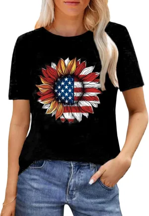 Sunflower T Shirts for Women | Women Sunflower Patriotic T Shirts - Crew Neck Short Sleeve Top Clothes Casual Holiday Wear