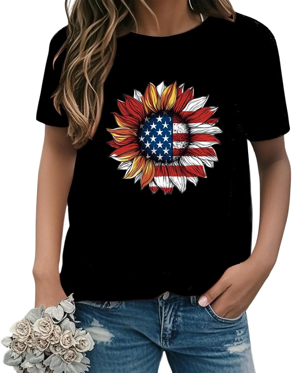 Sunflower T Shirts for Women | Women Sunflower Patriotic T Shirts - Crew Neck Short Sleeve Top Clothes Casual Holiday Wear