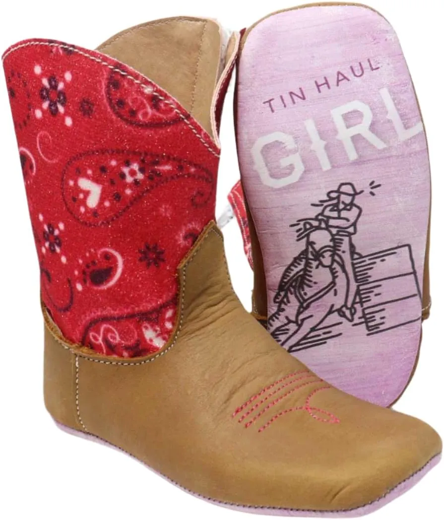Tin Haul Girl's Sparkles Western Boots, Brown Leather with Red Bandana Print, Side Zip