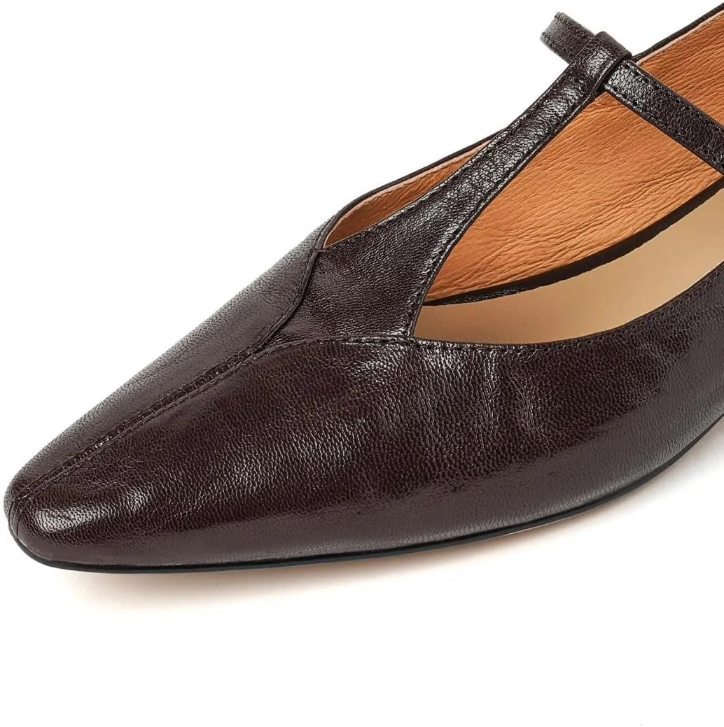 TinaCus Women's Genuine Leather Retro T-Strap Buckle Flats Dressy Mary Jane Flats for Ladies