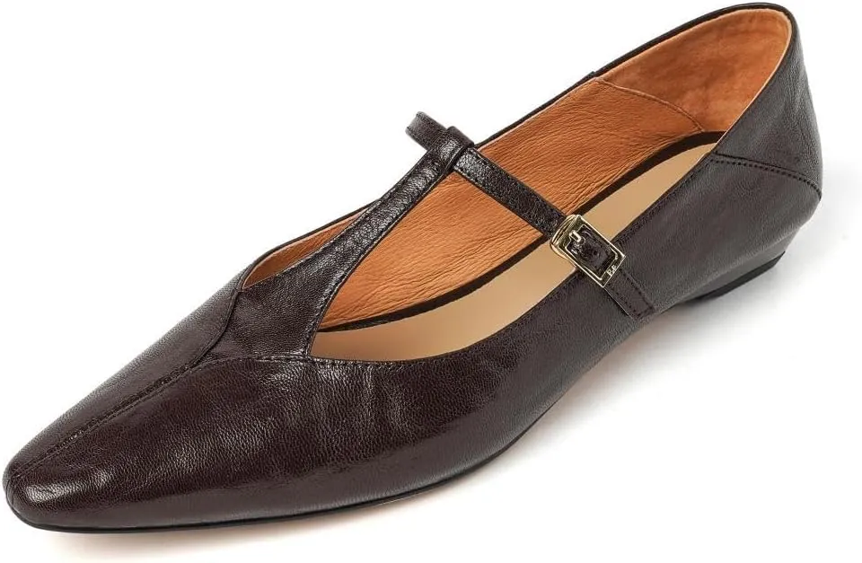 TinaCus Women's Genuine Leather Retro T-Strap Buckle Flats Dressy Mary Jane Flats for Ladies