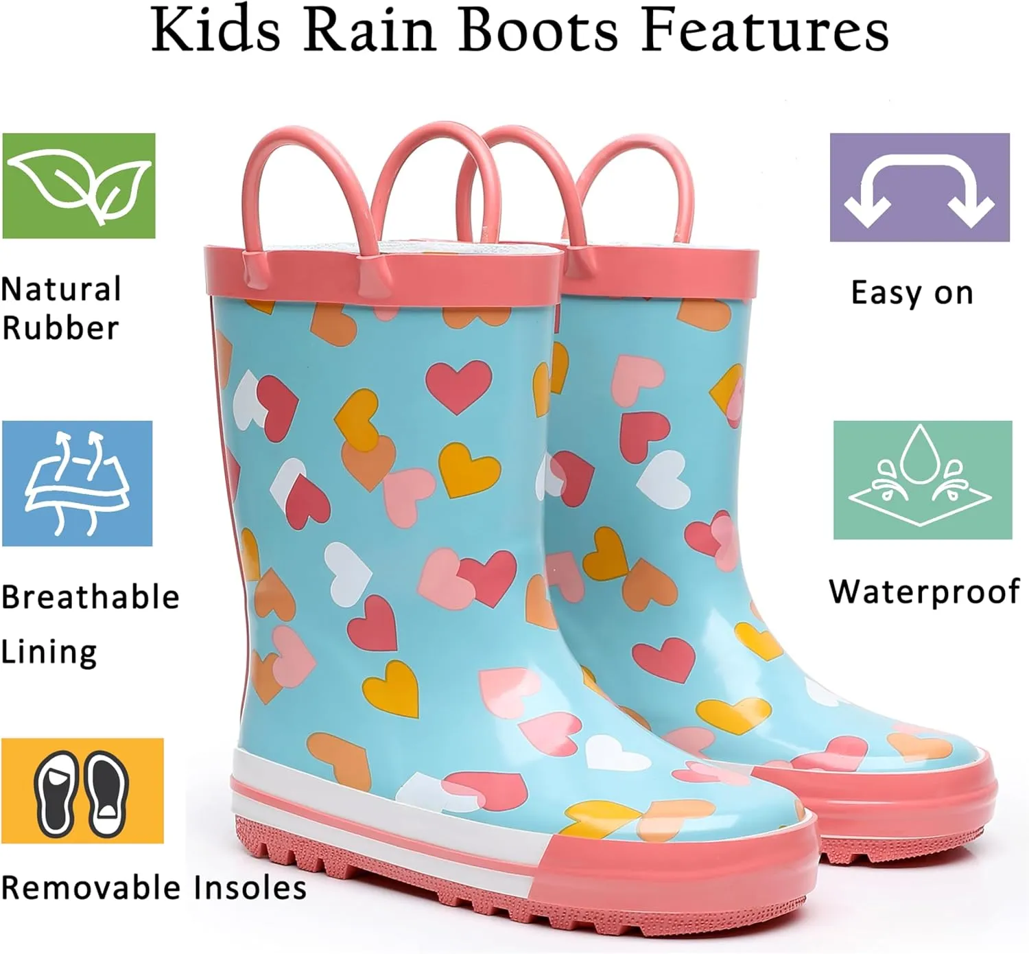 Toddler Rain Boots for Boys and Girls Waterproof Rubber Kids Rain Boots with Easy on Handles All-season
