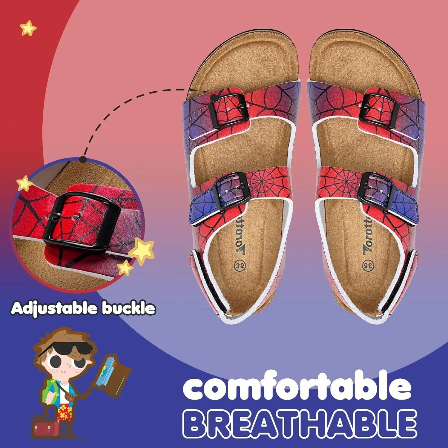 Torotto Toddler Kids Sandals Boys Girls Cork Footbed Sandals with Adjustable Buckle Casual Slides Open Toes Flat