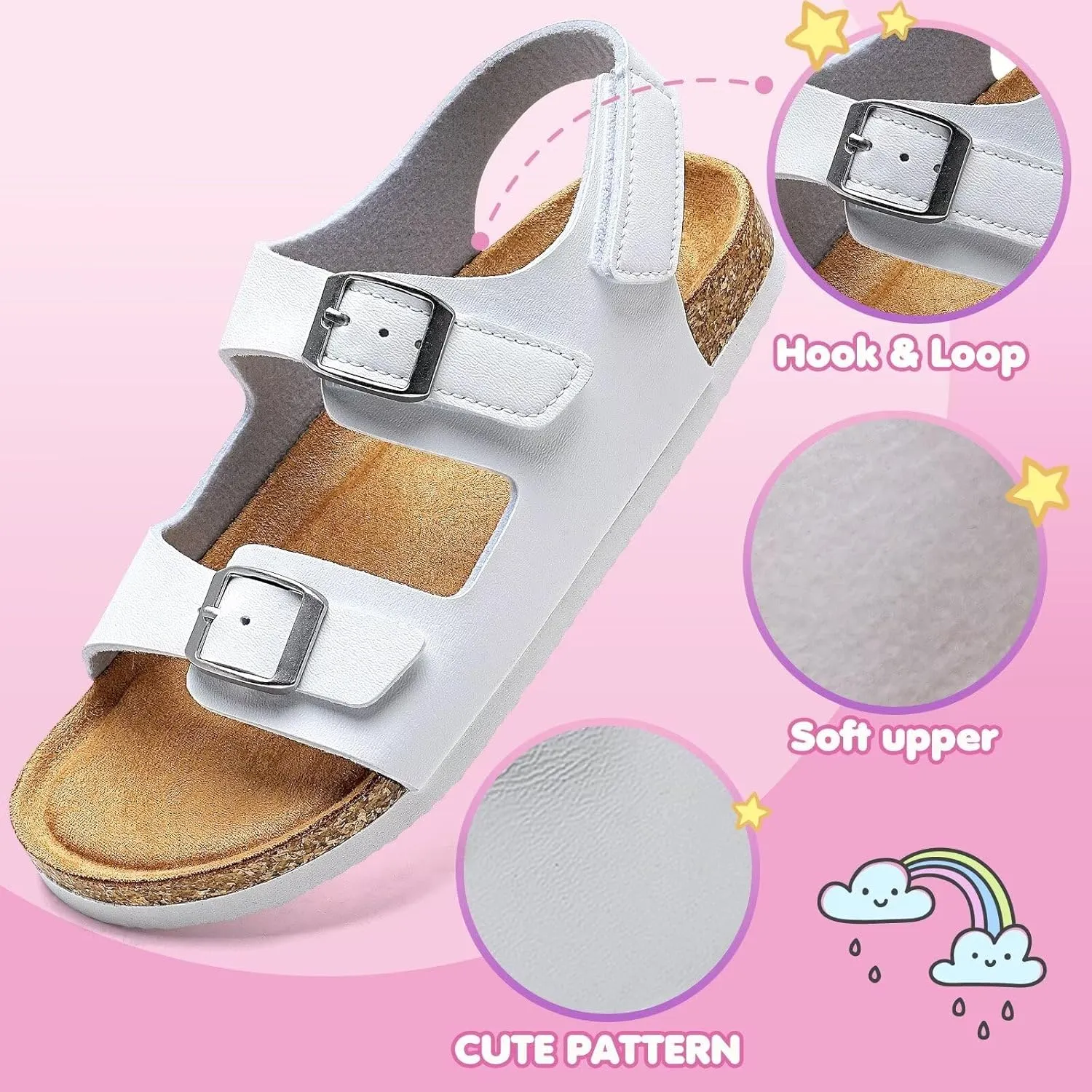 Torotto Toddler Kids Sandals Boys Girls Cork Footbed Sandals with Adjustable Buckle Casual Slides Open Toes Flat
