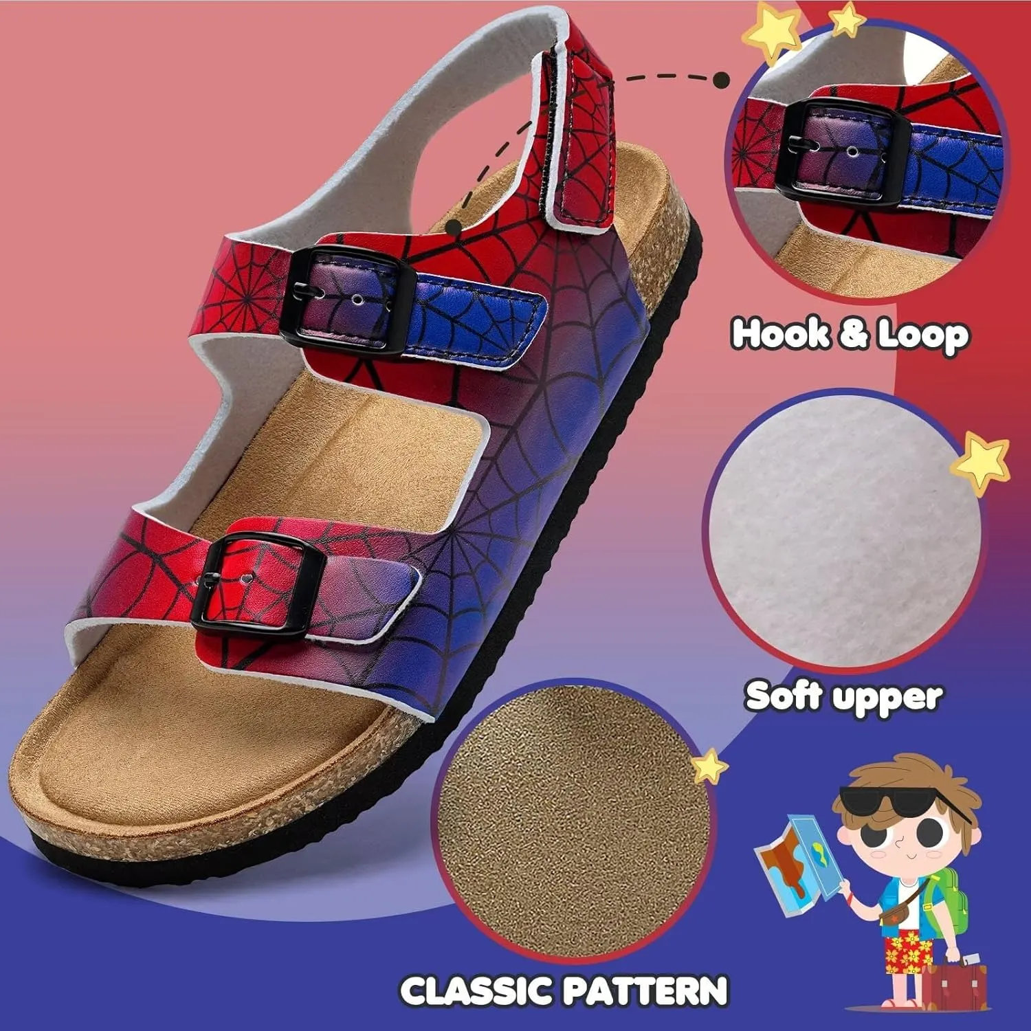 Torotto Toddler Kids Sandals Boys Girls Cork Footbed Sandals with Adjustable Buckle Casual Slides Open Toes Flat