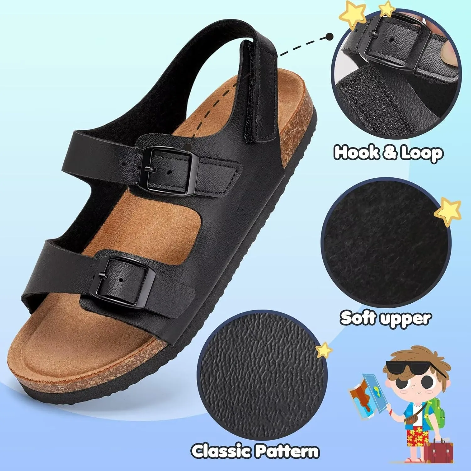 Torotto Toddler Kids Sandals Boys Girls Cork Footbed Sandals with Adjustable Buckle Casual Slides Open Toes Flat
