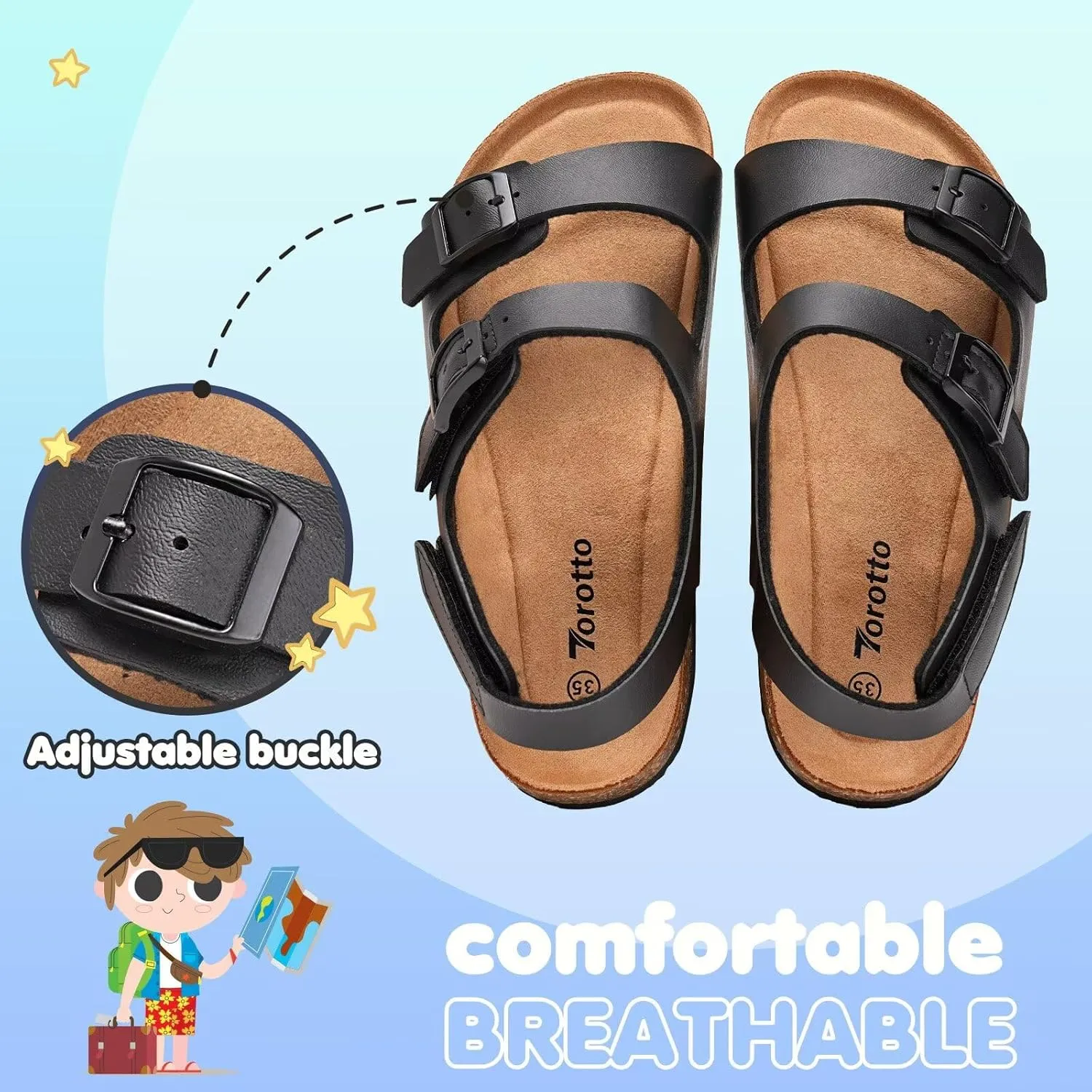 Torotto Toddler Kids Sandals Boys Girls Cork Footbed Sandals with Adjustable Buckle Casual Slides Open Toes Flat