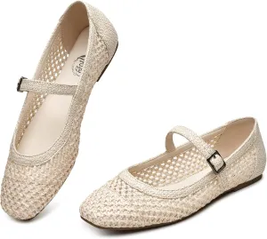 Trary Mary Jane Shoes Women Woven Flats for Women Dressy Ballet Flats Squared Toe Mesh Mary Jane Flats Shoes
