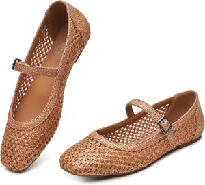 Trary Mary Jane Shoes Women Woven Flats for Women Dressy Ballet Flats Squared Toe Mesh Mary Jane Flats Shoes