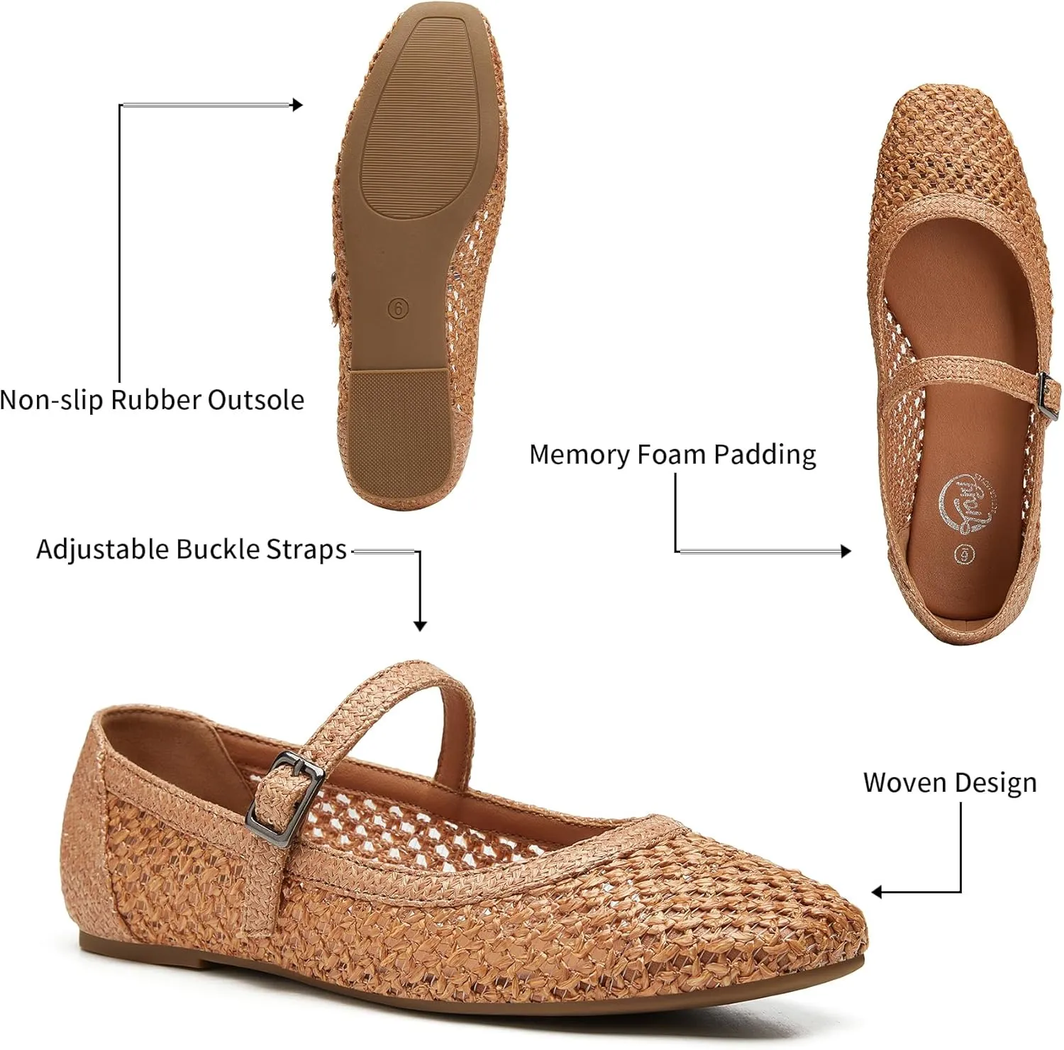 Trary Mary Jane Shoes Women Woven Flats for Women Dressy Ballet Flats Squared Toe Mesh Mary Jane Flats Shoes