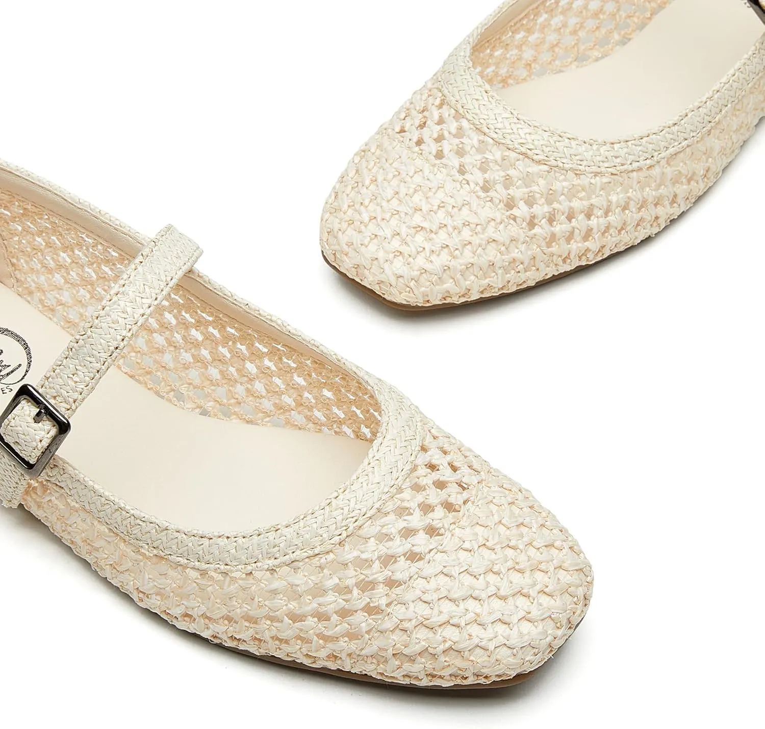 Trary Mary Jane Shoes Women Woven Flats for Women Dressy Ballet Flats Squared Toe Mesh Mary Jane Flats Shoes