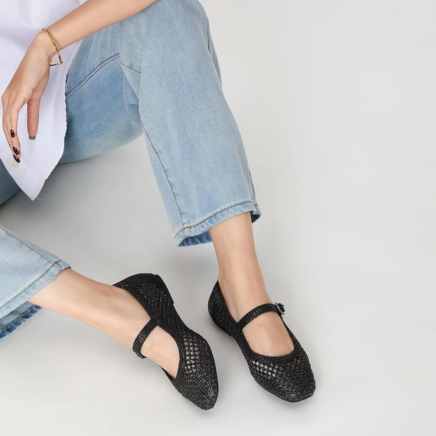 Trary Mary Jane Shoes Women Woven Flats for Women Dressy Ballet Flats Squared Toe Mesh Mary Jane Flats Shoes