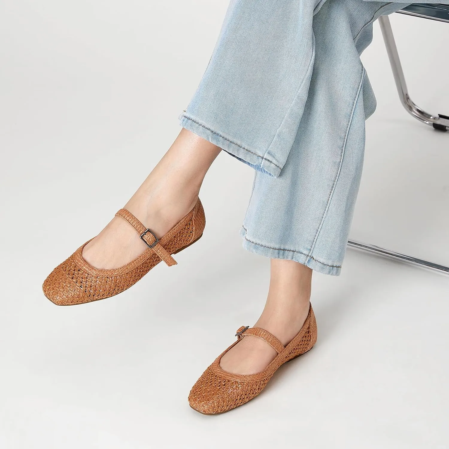 Trary Mary Jane Shoes Women Woven Flats for Women Dressy Ballet Flats Squared Toe Mesh Mary Jane Flats Shoes