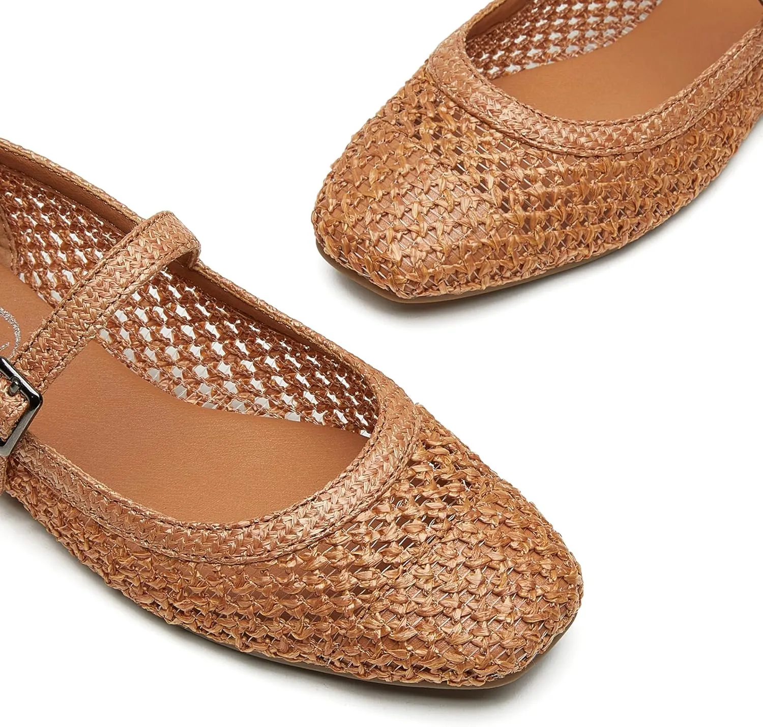 Trary Mary Jane Shoes Women Woven Flats for Women Dressy Ballet Flats Squared Toe Mesh Mary Jane Flats Shoes