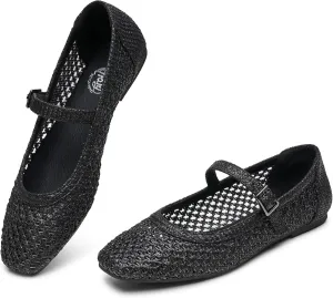 Trary Mary Jane Shoes Women Woven Flats for Women Dressy Ballet Flats Squared Toe Mesh Mary Jane Flats Shoes