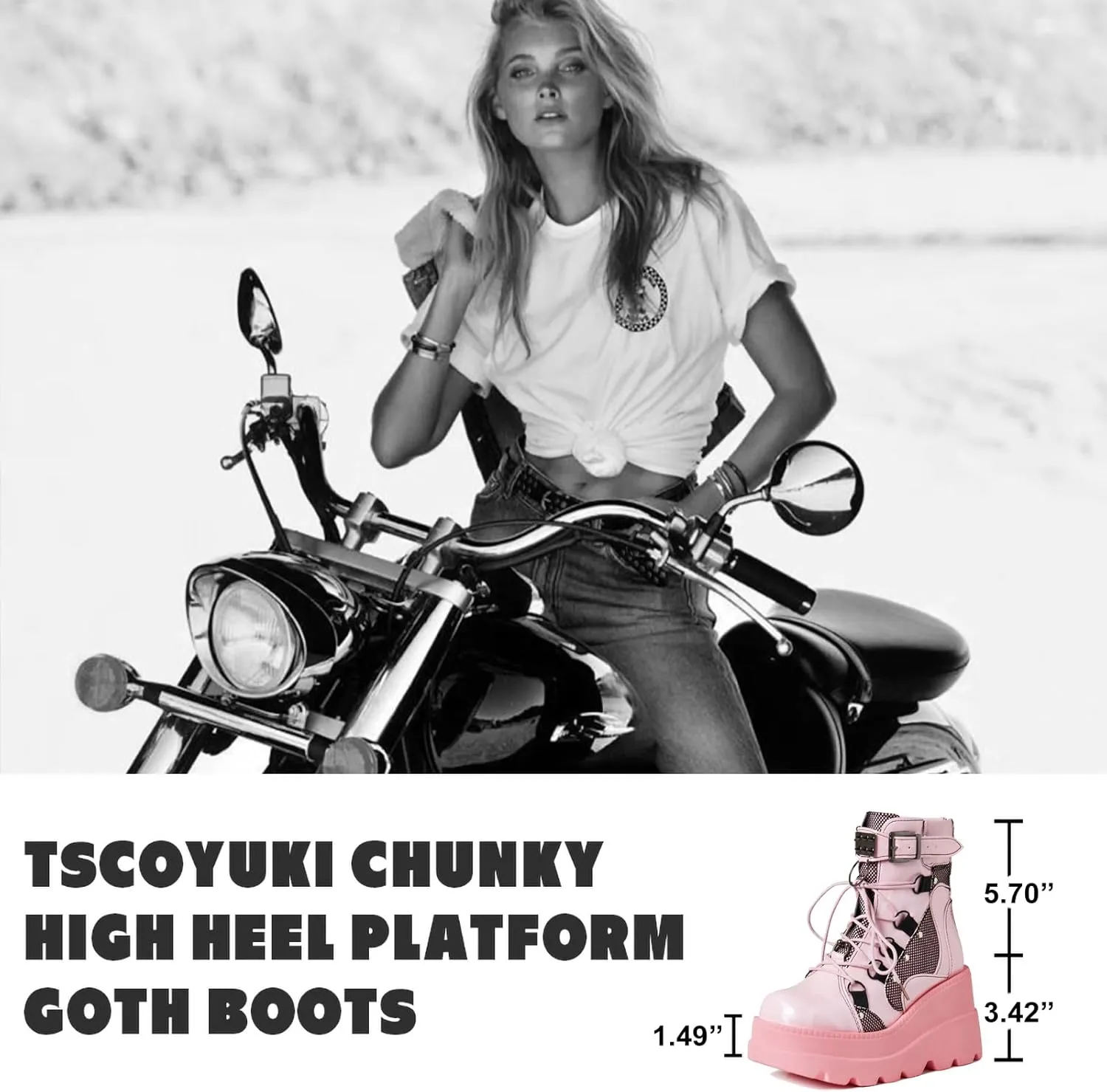 Tscoyuki Platform Ankle Boots for Women Chunky High Heel Booties Goth Round Toe Combat Boots Women Lace Up Motorcycle Wedges