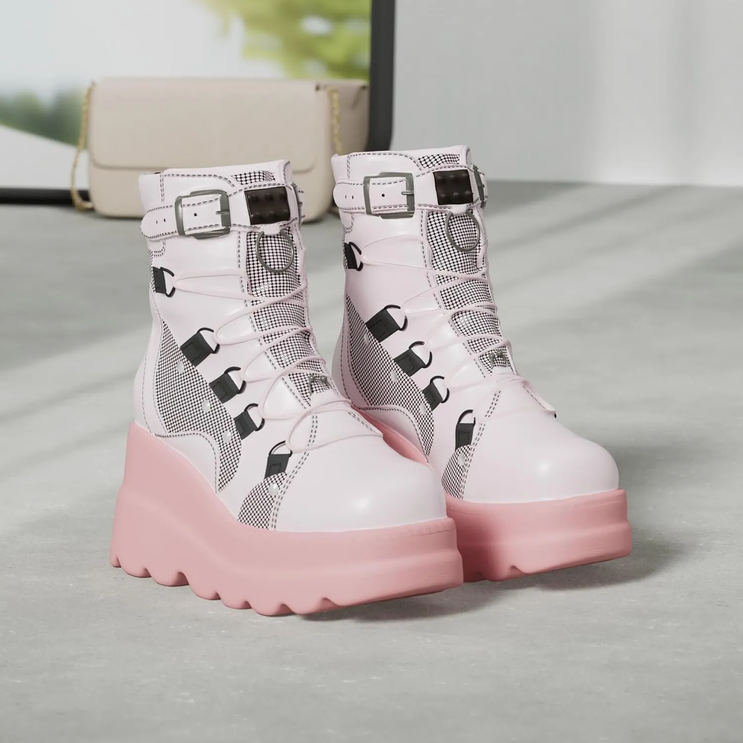 Tscoyuki Platform Ankle Boots for Women Chunky High Heel Booties Goth Round Toe Combat Boots Women Lace Up Motorcycle Wedges