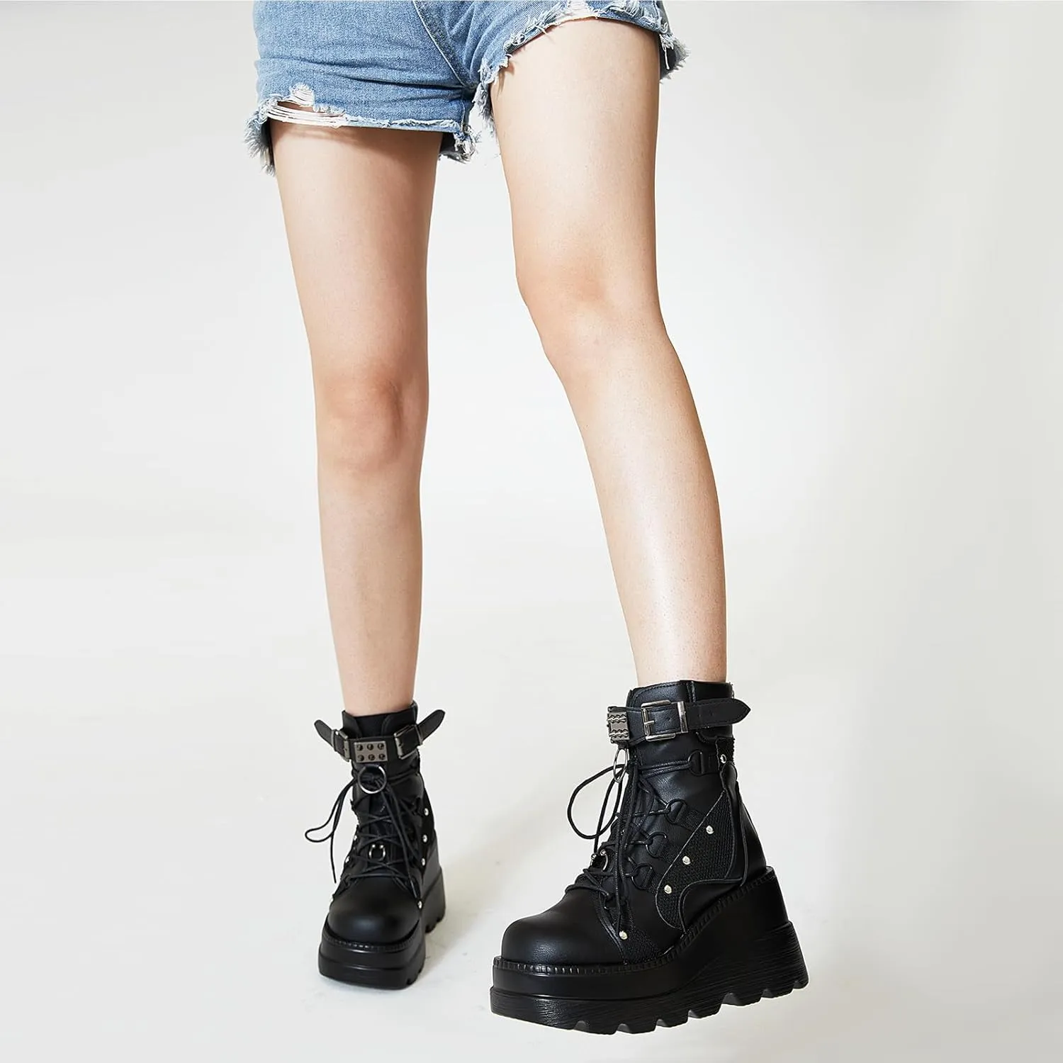 Tscoyuki Platform Ankle Boots for Women Chunky High Heel Booties Goth Round Toe Combat Boots Women Lace Up Motorcycle Wedges