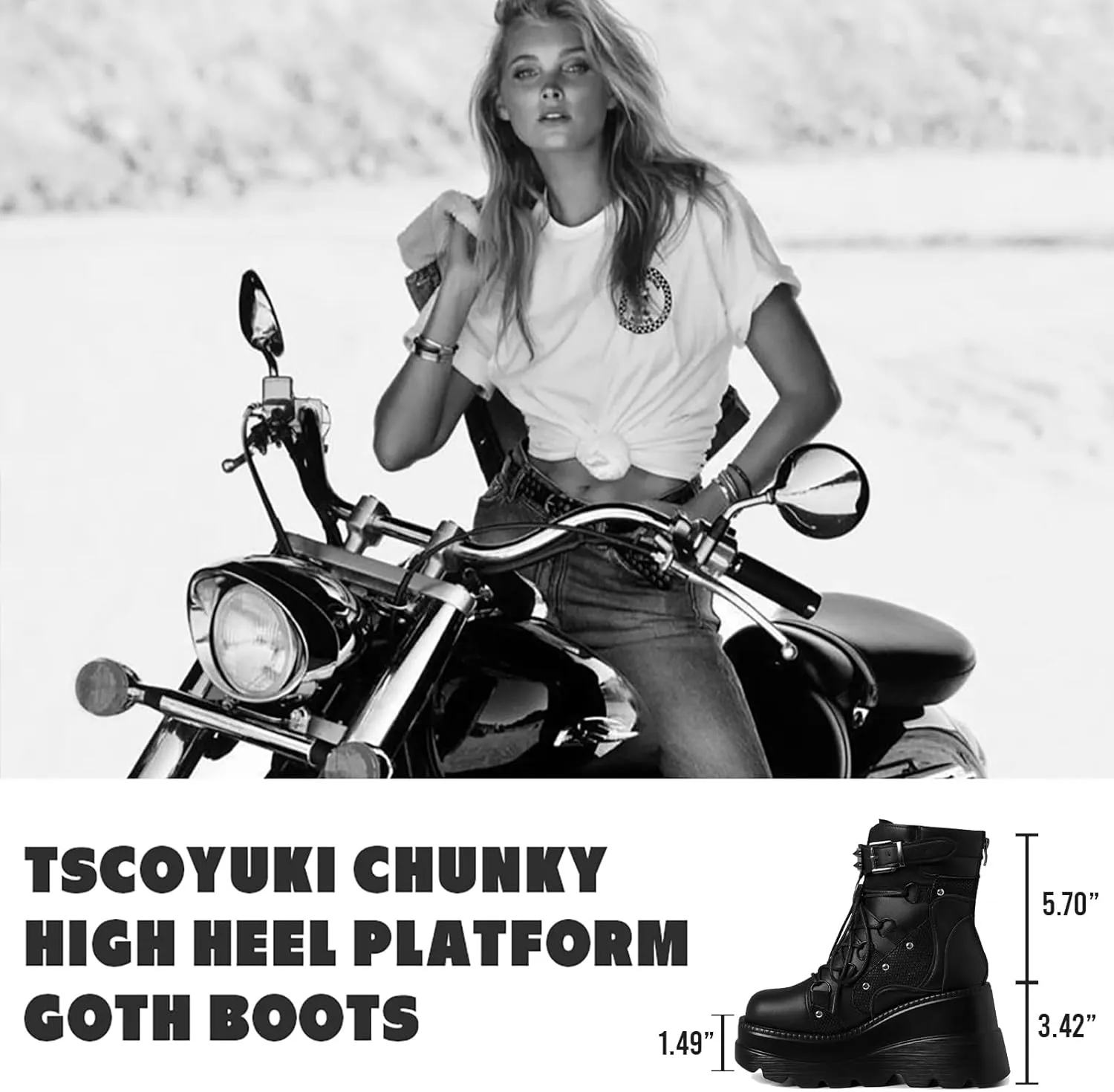 Tscoyuki Platform Ankle Boots for Women Chunky High Heel Booties Goth Round Toe Combat Boots Women Lace Up Motorcycle Wedges