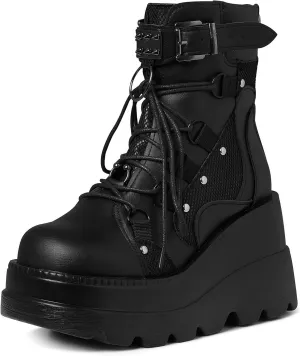 Tscoyuki Platform Ankle Boots for Women Chunky High Heel Booties Goth Round Toe Combat Boots Women Lace Up Motorcycle Wedges