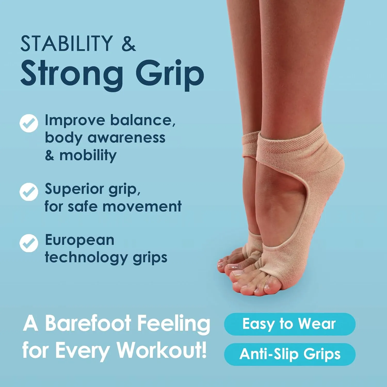 Tucketts Toeless Pilates Socks with Grips for Women, Non-Slip Barre Yoga Socks with Grips, Nude, Sizes 5-13, 1 Pair
